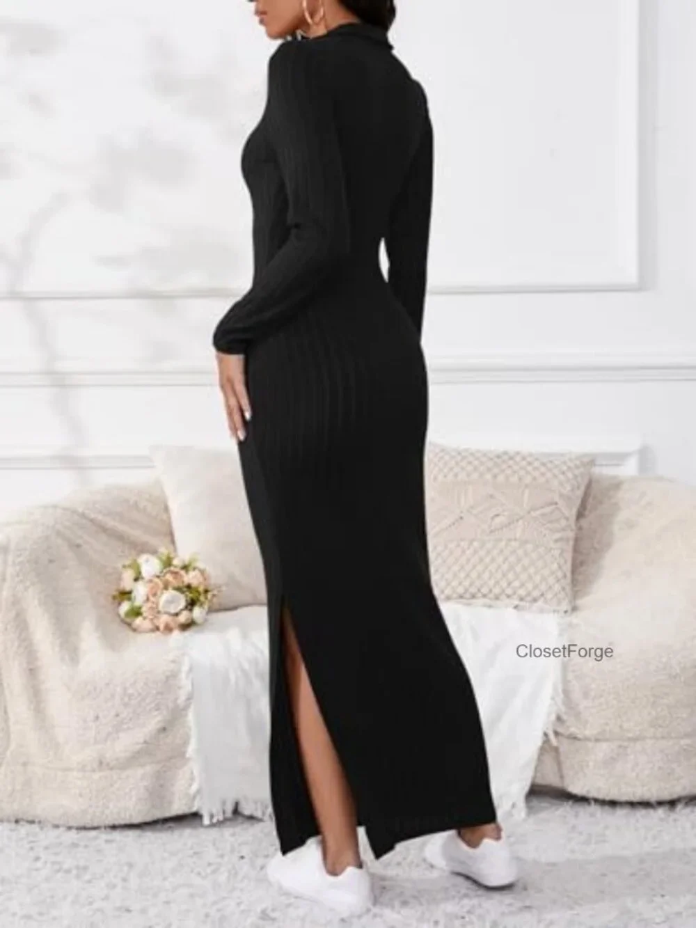 Long Sleeve V Neck Maxi Sweater Dress Sexy Bodycon Ribbed Knit - Picture 3 of 5